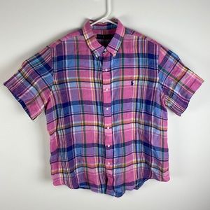 Ralph Lauren 100% linen plaid short sleeve shirt